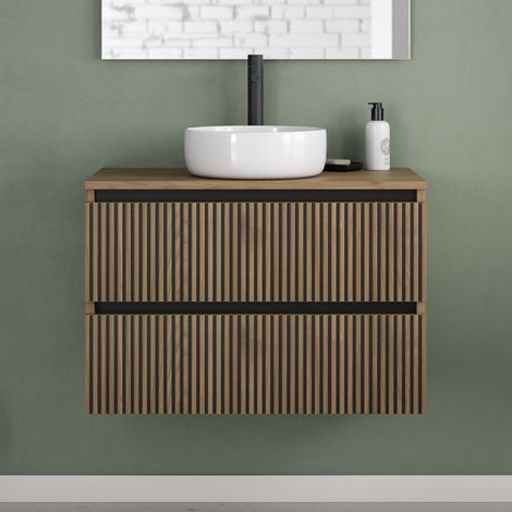 Meuble de salle de bain 80cm avec plateau et vasque à poser ronde - 2 tiroirs - sans miroir - noyer (bois foncé) - VENERIA