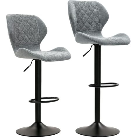 Ensemble de 2 tabourets de bar, tabourets rembourrés avec dossier, aspect chenille, structure en acier, chaises réglables salon, gris (1/5)