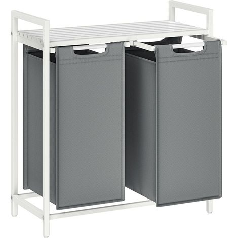 Panier à linge 2 x 46 litres corbeille à linge sale rangement lessive avec étagère en métal 2 sacs amovibles en tissu oxford avec fermetures scratch gris (1/2)