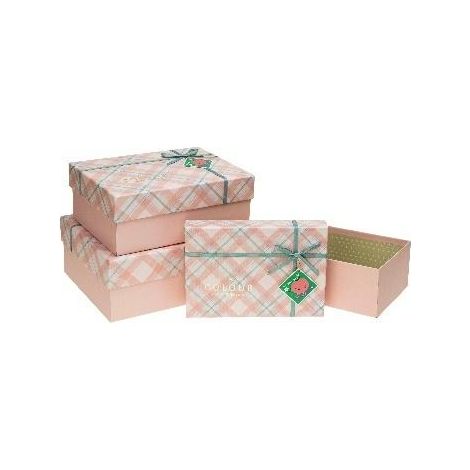 Scatola rettangolare con fiocco, 3 rosette rosa