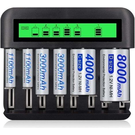 pair Chargeur de batterie universel LCD à 8 emplacements avec port USB