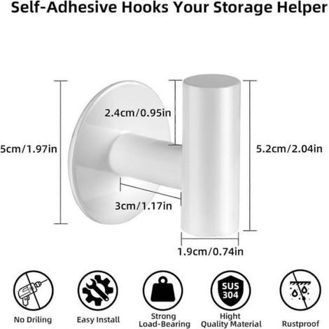 Crochets adhésifs pour serviettes -  - Lot de 2 - Acier inoxydable - Revêtement métallique adhésif - Blanc (1/5)