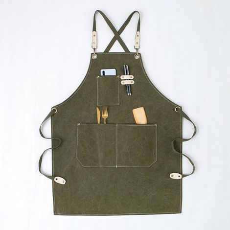 Tablier en toile pour barista, fleuriste, coiffeur, restaurant, bar, vêtement de travail, vert foncé, résistant, usage professionnel, atelier, jardinage, cuisine, bricolage, pochettes pratiques (1/5)