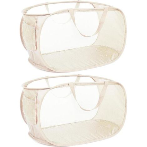 Panier à linge pliable en maille résistante, avec poches latérales et poignées renforcées, idéal pour la lessive, la salle de bain, les chambres d'étudiant ou les voyages. Lot de 2, beige. (1/4)