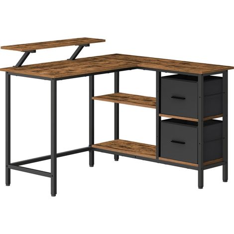Bureau d’angle en L 105×115×89,5 cm – bureau d’ordinateur/gaming avec 2 tiroirs – support écran – étagère réglable – pour bureau à domicile