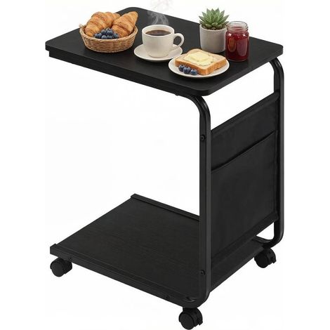 CHICFURN Tavolino a C 50x35x62 cm in legno e metallo nero con ruote e vano contenitore (1/5)