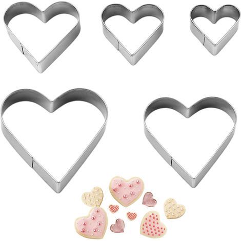 Set di 5 tagliabiscotti a forma di cuore in acciaio inox, adatti anche per fondente, marzapane, sandwich, frutta, verdura, pasticcini, torte e decorazioni. (1/5)