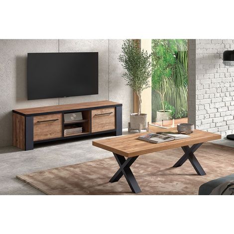 ETIENNE - Ensemble Salon Meuble TV et Table Basse Aspect Bois Piètement X Métal Noir (1/5)