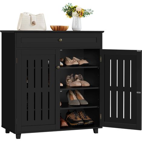 Meuble à Chaussures avec Tiroir et Etagères Réglables à 4 Niveaux en MDF et Métal pour Entrée Dressing Chambre Couloir Noir 78 x 37 x 86 cm (1/5)