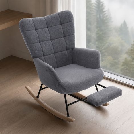 Chaise à bascule 91/61/88 cm grise en sherpa avec repose-pieds, confortable et douce (1/5)