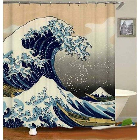 Kanagawa-Duschvorhang mit japanischer Wellenmusterung, Duschvorhang-Set mit maritimen Stoffen, Badezimmerdekoration mit Haken