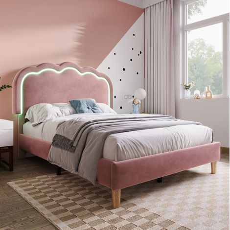Bett LED 90x190 cm Polsterbett in Rosa aus Samt, mit verstellbarem Kopfteil und Lattenrost (1/5)