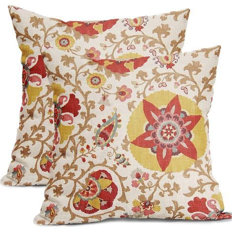 Taies d'oreiller à motifs floraux jaunes et rouges, 50 x 50 cm, ensemble de 2 pièces, décoration de style bohème chinois, compatibles avec les coussins carrés standard. (1/5)