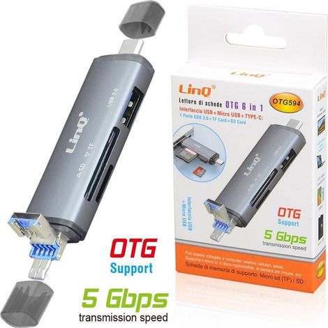 Linq - Lettore Schede Memory Card Otg 6in1 Usb Microusb Type-c Usb3.0 Tf Sd Card Otg594 -