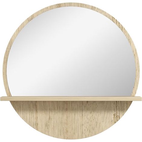 SPECCHIO BAGNO ROTONDO IN TRUCIOLATO E VETRO CON RIPIANO PORTAOGGETTI E 2 GANCI POSTERIORI. Ø45X10 CM