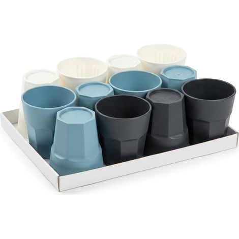 Set 12 Bicchieri Ottagonali in Plastica HEMAX - Tazze Riutilizzabili 300ml Assortito (azzurro/nero/bianco) (1/4)