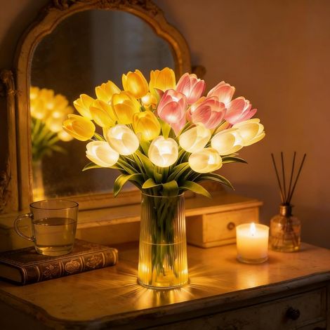Lampe tulipe romantique rayonnante avec vase, 15 tulipes LED scintillantes qui ne se décolorent pas, veilleuse d'ambiance en forme de fleur pour décoration de chevet de chambre à coucher et (1/5)