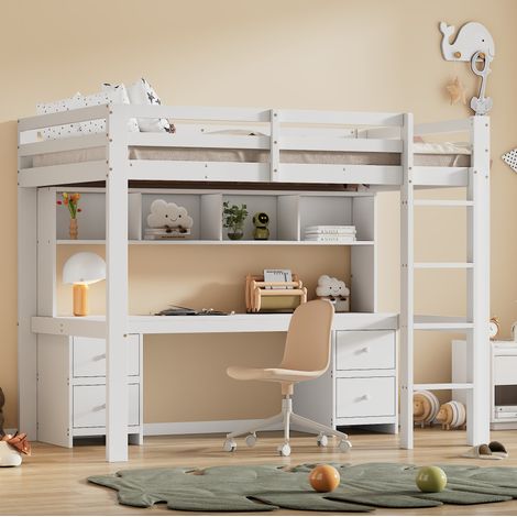 Letto a soppalco in legno di pino e MDF bianco 90x200 cm con scrivania, cassetti e vani contenitore (1/5)