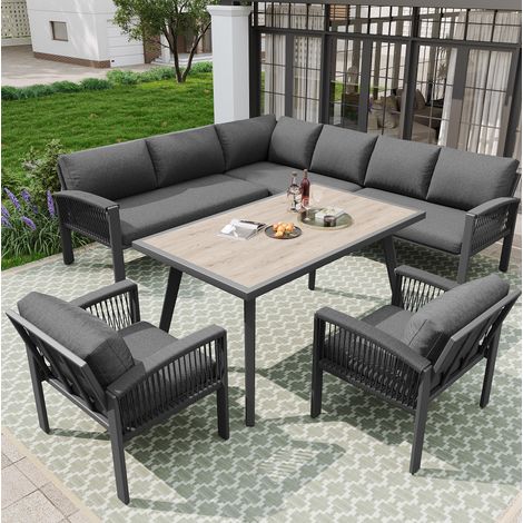 Salon de jardin 234/69/86 cm gris en métal, polyester et bois avec corde tressée et pieds réglables (1/5)