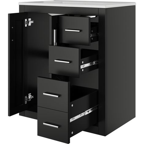 Meuble-lavabo sur pied noir, 76x46,5x85,5 cm, laqué, 3 tiroirs silencieux, portes doubles à fermeture amortie, vasque intégrée (1/5)