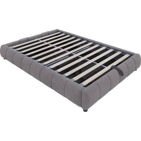 Cama tapizada 140 x 200 cm sin cabecero con LED, marco hidráulico con almacenaje, gris (1/5)