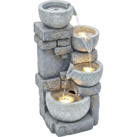Fontaine de Jardin Cascade 4 Niveaux - Décoration Effet Pierre et Brique avec Éclairage LED - Pompe à Eau Réglable pour Terrasse, Balcon et Salon (54,5 cm), Gris (1/5)