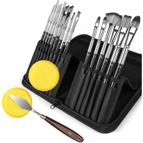 Ensemble de 15 pinceaux d'artiste pour peintures acryliques aquarelles peintures à l'huile peinture plate ronde avec éponges/couteau à peindre/sac (1/5)