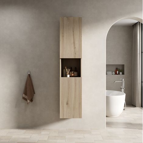 160cm hoher Badezimmer-Wandschrank, schmaler Aufbewahrungsschrank mit 2 Türen & offenem Staufach, geeignet für kleine Räume, anwendbar auf Bad, Wohnzimmer und Wäscherei, Weiße Eiche Holzmaserung (1/5)