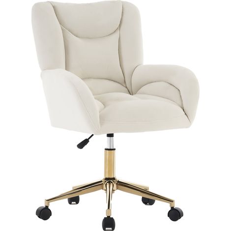 Silla de oficina giratoria de terciopelo color marfil con altura regulable y base metálica dorada (1/5)