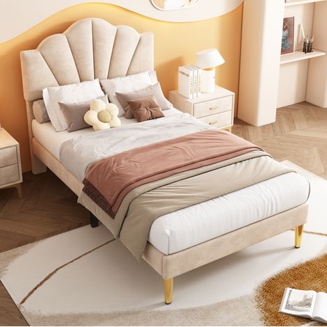 Cama Tapizada 90x200 Cm Cabecero Ajustable Terciopelo Beige (1/5)