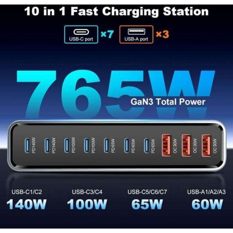 NALOOKAMIC GaN III Chargeur USB C 765 W avec 10 ports, chargeur rapide USB GaN III avec 7 ports USB-C et 3 ports USB-A, PD140W, 100W, 65W, 30W Power Station de charge USBC pour MacBook Pro/Air, iPhone