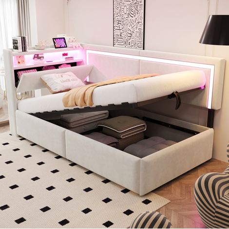 Schlafsofa 90x200 cm Beige aus Samt mit LED-Beleuchtung, USB-Anschlüssen und Stauraum (1/5)