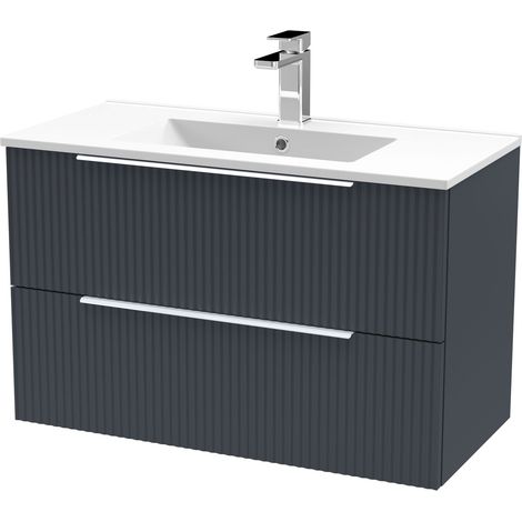 Tixall Fluted 2 Drawer Wall Hung Vanity Unit with Minimalist Basin, Dark Grey, 800mm