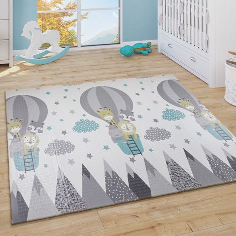 Paco Home Spielmatte Krabbelmatte Baby Wendbar Abwischbar Tiere Wolken Sterne Mond Weiß Grau 150x200 cm