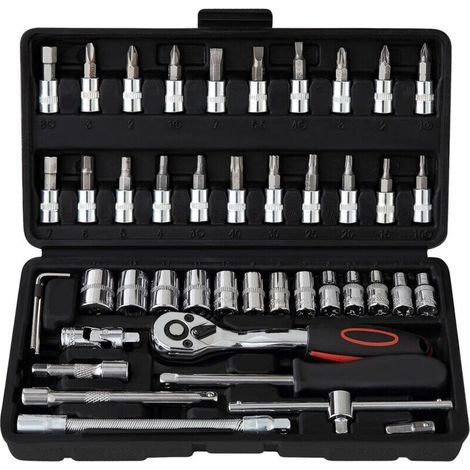 Set di chiavi a cricchetto e bussole in acciaio al cromo vanadio – 46 pezzi, cricchetto da 1/4″ a 72 denti, con custodia.