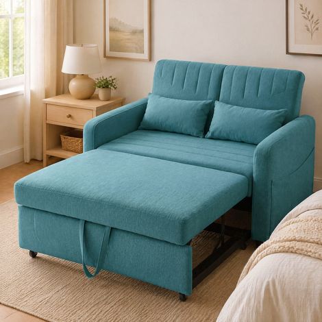 Canapé convertible 2 places en tissu bleu vert antique, dossier réglable 3 positions, couchage 166 x 95 cm, structure bois et métal, 2 coussins – de FLORAGRACE (1/5)