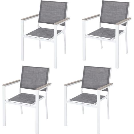 Avestar Gartenstühle 4er Set, Outdoor Stapelstühle, aus Metallgestell und Textilene mit Armlehnen aus Kunstholz, wetterfeste Esszimmerstühle, Grau und Weiß