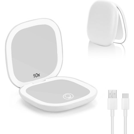 LED Miroir Grossissant, 1X/10X Miroir de Poche Chargement USB, Blanc (1/5)
