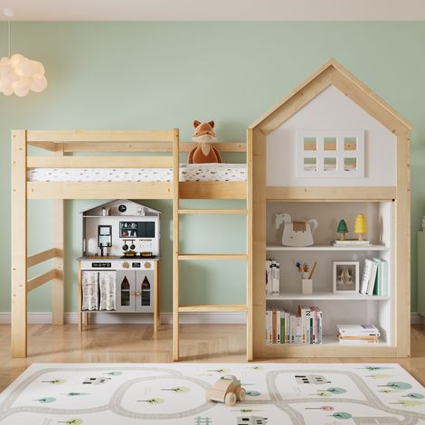 Lit enfant mezzanine 90x200cm avec tiroirs de rangement, échelles solides et barrière de protection, blanc et naturel, en pin, MDF et contreplaqué