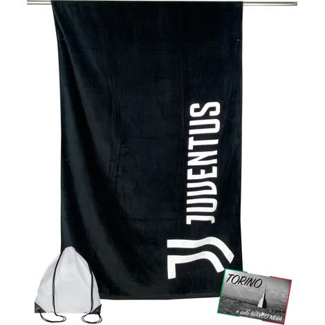 TELO MARE SPORT JUVE scritta MISURA GRANDE Cm. 90 X 170 ORIGINALE JUVENTUS CON ZAINO PORTATELO e cartolina TORINO È (1/5)