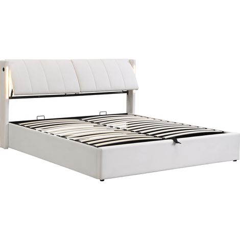 Lit rembourré LED 140 x 200 cm en PU blanc avec rangement, USB et tête de lit réglable (1/5)