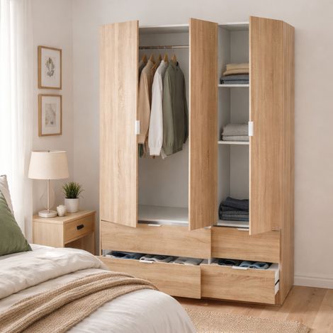 Dmora - Armoire Weymouth, Meubles de chambre avec 3 portes et 2 tiroirs, Cintre, 135x52h200 cm, Chêne, avec emballage renforcé (1/5)