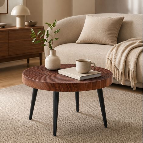 Couchtisch rund aus MDF und Metall, 60 cm, dunkles Walnussdekor, kompakt (1/5)