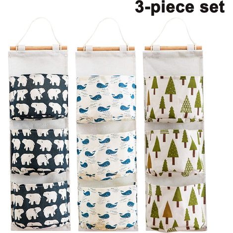 Ensemble de 3 sacs de rangement muraux pour armoire, sac de rangement en lin pour porte arrière, sac de rangement suspendu avec 3 poches, convient pour la chambre et la salle de bain - imperméable et (1/5)
