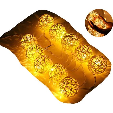 Guirlande lumineuse à piles, 5 mètres de long et 40 mètres de large. Boules sphériques en rotin, idéales pour décorer chambres (1/5)