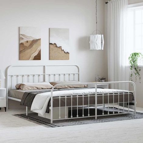 Lit double-183 x 213 cm, Cadre de lit, Lit adulte, Structure de lit métal avec tête de lit/pied de lit blanc 183x213cm PDKEI43771 (1/5)