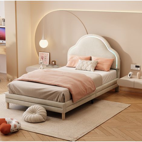 MEUBLIV Lit 90x200 cm beige – tête de lit nuage LED, sans matelas (1/5)