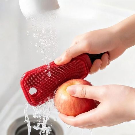 Brosse à légumes et fruits 1 paquet 3 en 1 multifonction avec poils en silicone, outil de nettoyage de cuisine pour produits plats, pots (rouge) (1/5)
