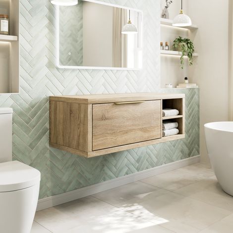 1100mm Bathroom Vanity Unit Countertop Wall Hung With Shelves Brass Handle Oak Wood No Basin - RH Shelves (1/4)