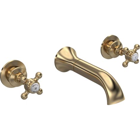 Hudson Reed Topaz Hexagonal Crosshead 3-Hole Bath Filler Tap Wall Mounted - Brushed Brass